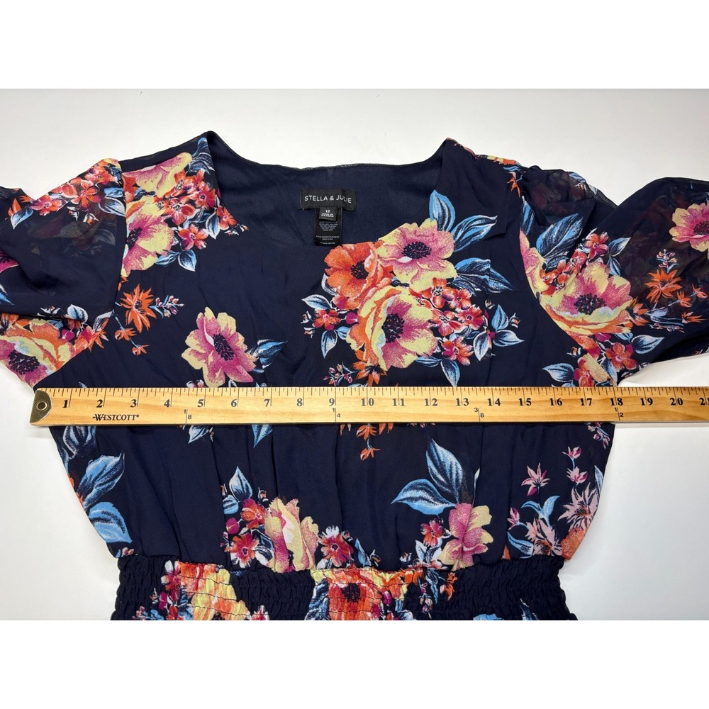Stella & Julie Dress 12 Blue Floral Chiffon Puff Sleeve Smocked Waist Wedding - Picture 5 of 7